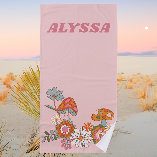 Modern Colourful Retro Floral Mushroom Pink   Beach Towel (Creator Uploaded)