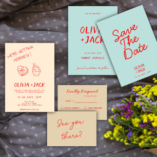 Modern Colourful Retro Fun Whimsical Script Weddin Invitation