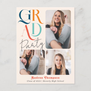 Modern Colourful Retro Three Photo Graduation Invitation Postcard