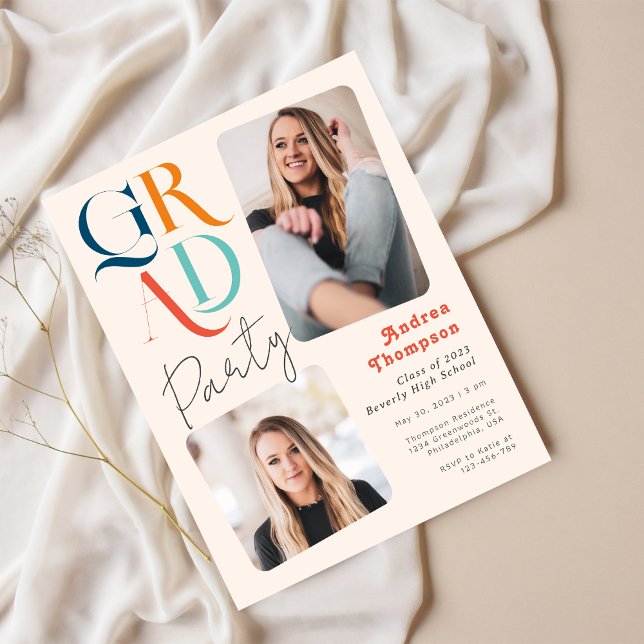 Modern Colourful Retro Two Photo Graduation Invitation Postcard (Creator Uploaded)