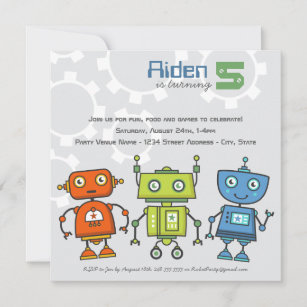 Modern Colourful Robots Boys Robot Birthday Party Invitation