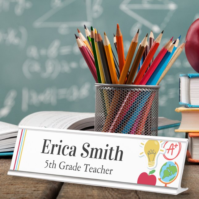 Modern Colourful School Supplies Teacher Desk Name Plate (Creator Uploaded)