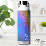 Modern Colourful Script Name Water Bottle<br><div class="desc">Stunning and colourful rainbow hued labradorite stone photo makes the perfect backdrop for a simple and modern design. This is a closeup of a real natural labradorite stone with blue,  purple,  pink,  yellow,  and green.  Personalised Trendy Stylish Colourful Stone Name Water Bottle.</div>