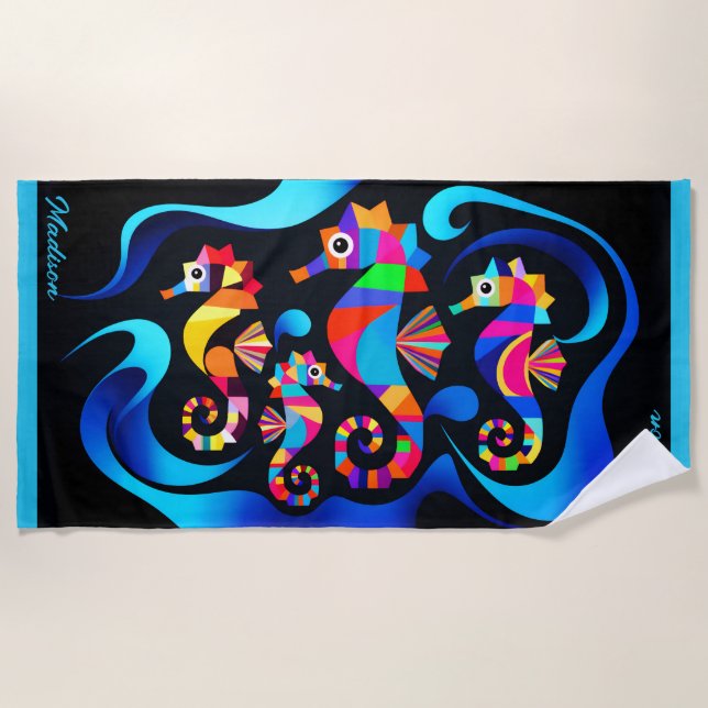 Modern Colourful Seahorses Customisable Beach Towel (Front)