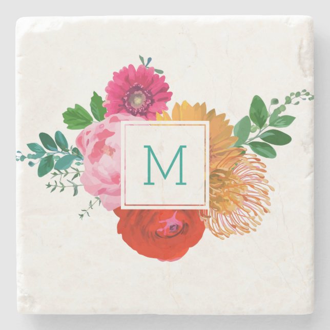 Modern Colourful Spring Flowers Monogramed Stone Coaster (Front)