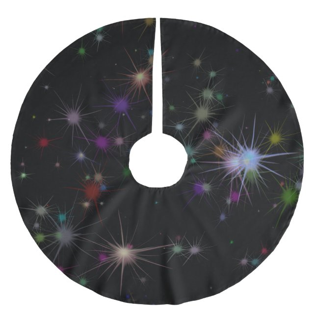 Modern colourful starbursts on black brushed polyester tree skirt (Front)