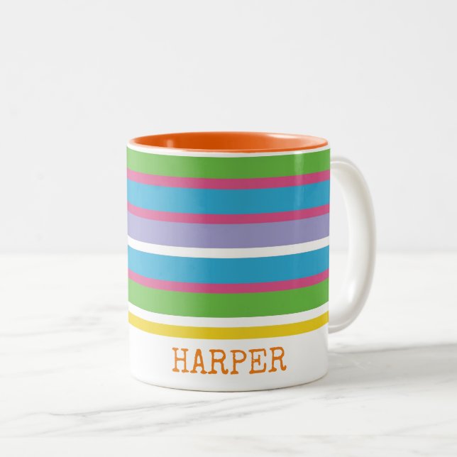Modern Colourful Stripe NAME Preppy Fun Hip Two-Tone Coffee Mug (Front Right)