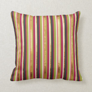 Modern Colourful Stripes in Gold Leaf Pink Green Cushion