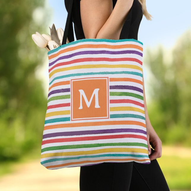 Modern colourful stripes summer monogram tote bag (Creator Uploaded)