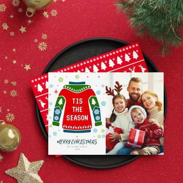 Modern Colourful Stylish Photo Family Ugly Sweater Holiday Card (Modern Colorful 1 Photo Family Christmas Sweater Holiday Card)