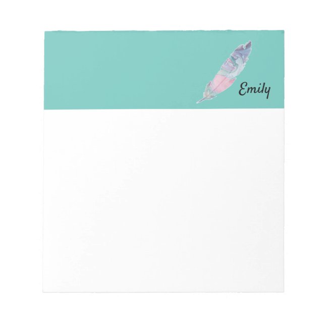 Modern Colourful Teal and Pink Feather Notepad (Front)