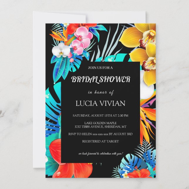 Modern Colourful Tropical Black Base Bridal Shower Invitation (Front)