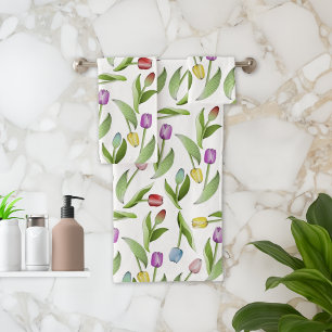 Modern Colourful Tulip Floral Pattern Bath Towel Set