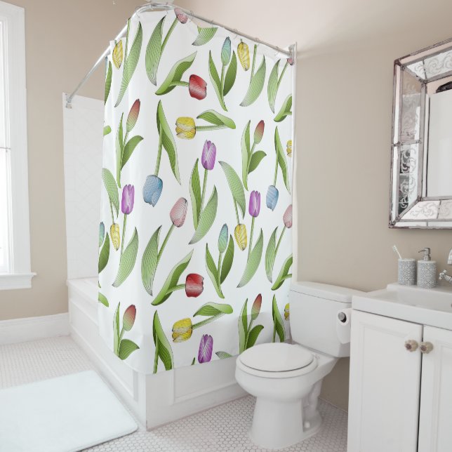Modern Colourful Tulip Floral Pattern Shower Curtain (In Situ)