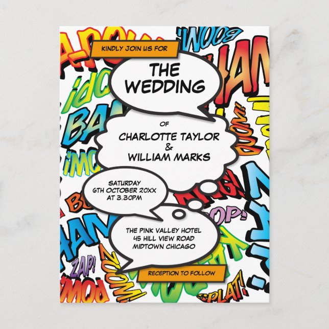 Modern Colourful Typographic Fun Comic Wedding Invitation Postcard (Front)