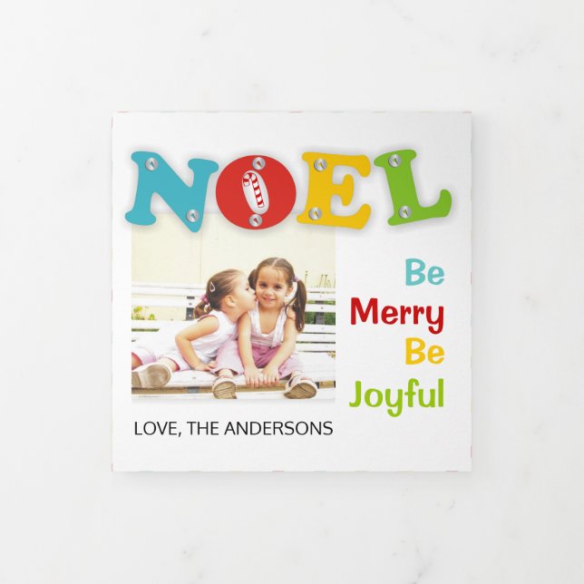 Modern colourful typography Noel Christmas photo Tri-Fold Holiday Card (Cover)