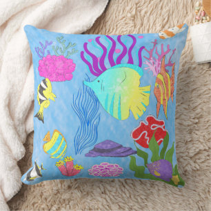 Modern Colourful Underwater Corals Fish Blue Ocean Cushion