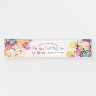 Modern Colourful Watercolor Flowers Wedding Welcom Banner
