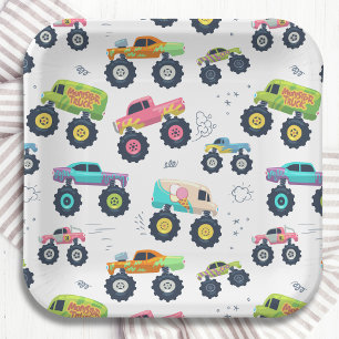 Modern Colourful Watercolor Monster Car Trucks Paper Plate