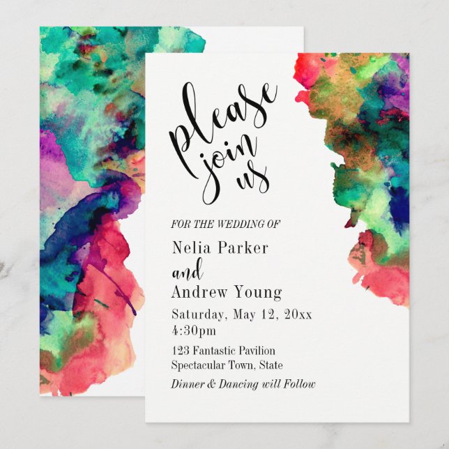 Modern, Colourful Watercolor "Please Join Us" Invitation (Front/Back)