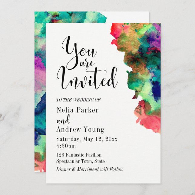 Modern, Colourful Watercolor Typography Wedding Invitation (Front/Back)