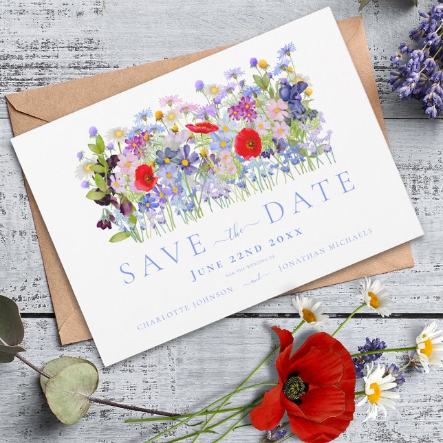Modern Colourful Wildflower Wedding Save The Date (Colorful wildflower meadow boho chic blue typography wedding invitation )