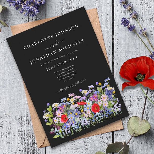 Modern Colourful Wildflowers on Black Invitation (Modern colorful wildflowers black and white wedding invitation )