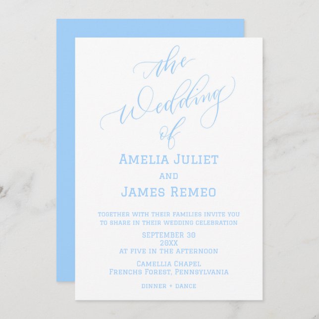 Modern Columbia Blue and White Simple Wedding Invitation (Front/Back)