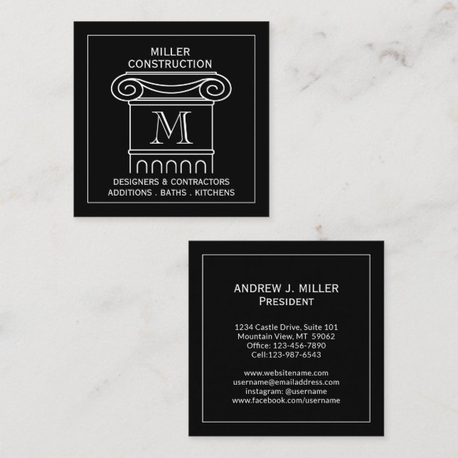 Modern Column Monogram Contractor Architect Square Business Card (Front/Back)