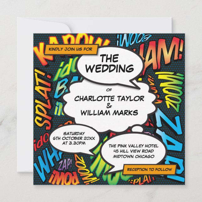 Modern Comic Book All In One Square Wedding Invitation (Front)