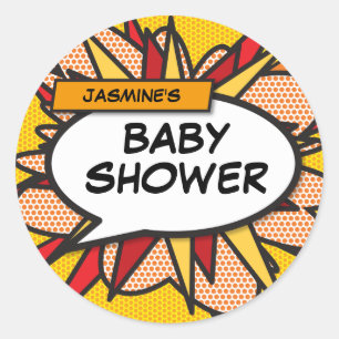 Modern Comic Book Typography Baby Shower Classic Round Sticker