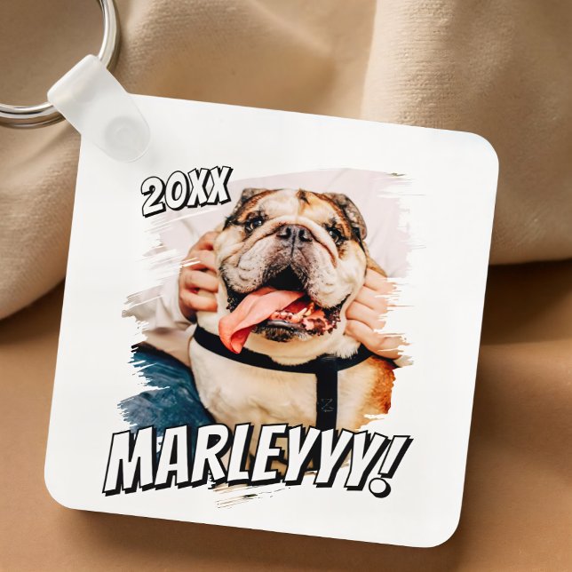 Modern Comic Simple Grunge Custom Pet Photo Key Ring (Creator Uploaded)
