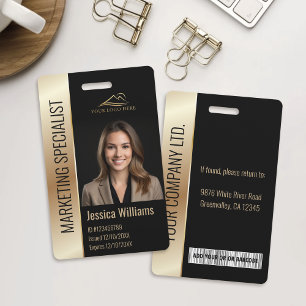 Modern Company Employee Photo Logo Black Gold ID Badge