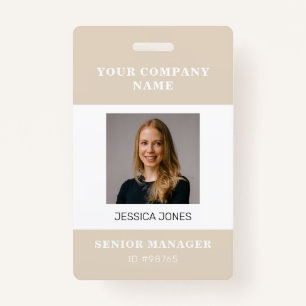 Modern Company Employee Photo Logo Name Beige ID Badge