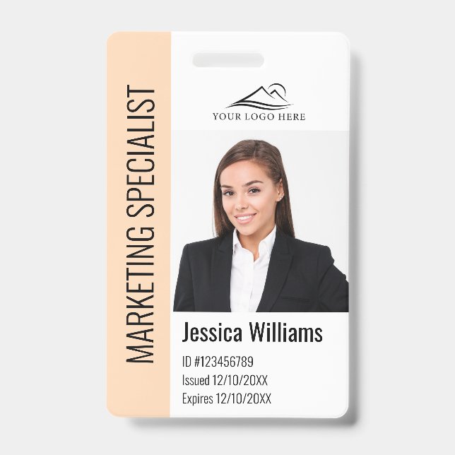 Modern Company Employee Photo Logo Name Peach ID Badge (Front)