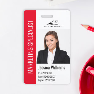 Modern Company Employee Photo Logo Name Red ID Badge