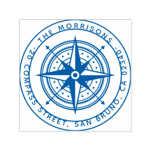 Modern Compass Round Family Name & Return Address Self-inking Stamp