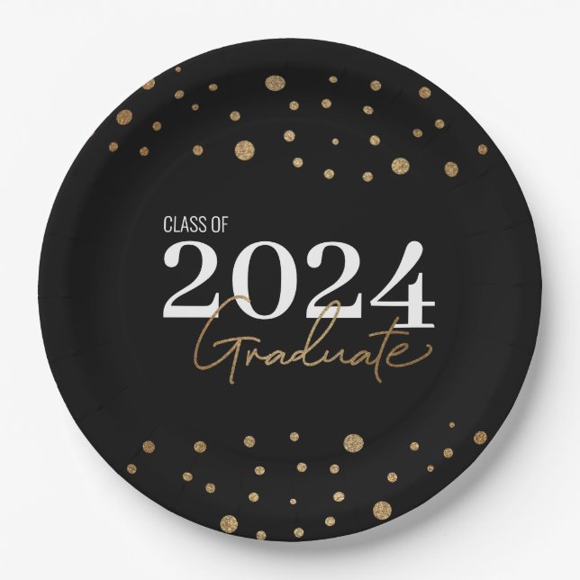 Modern Confetti Black Gold Class of 2024 Graduate  Paper Plate (Front)