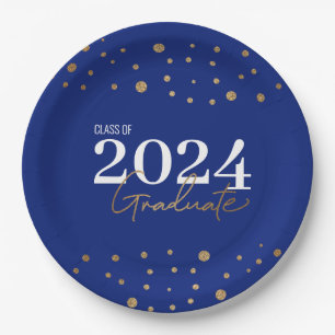 Modern Confetti Blue Gold Class of 2024 Graduate Paper Plate