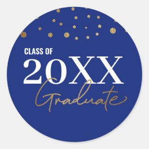 Modern Confetti Blue Gold Class of Year Graduate Classic Round Sticker