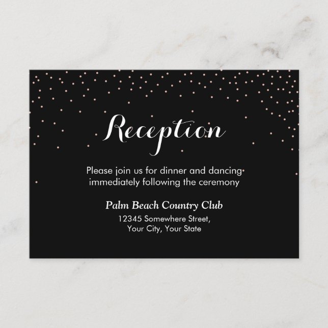 Modern Confetti Dots Black Wedding Reception Enclosure Card (Front)