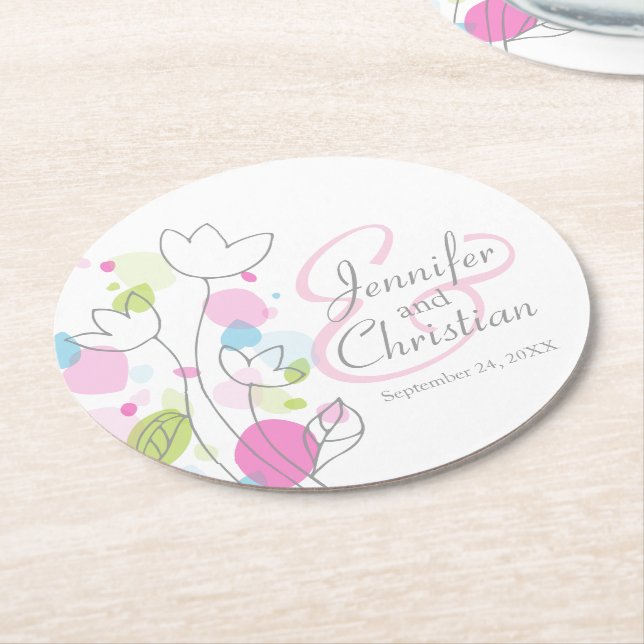 Modern confetti flower name date wedding coasters (Angled)