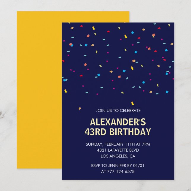 Modern Confetti Navy blue Men 43rd birthday Invitation (Front/Back)