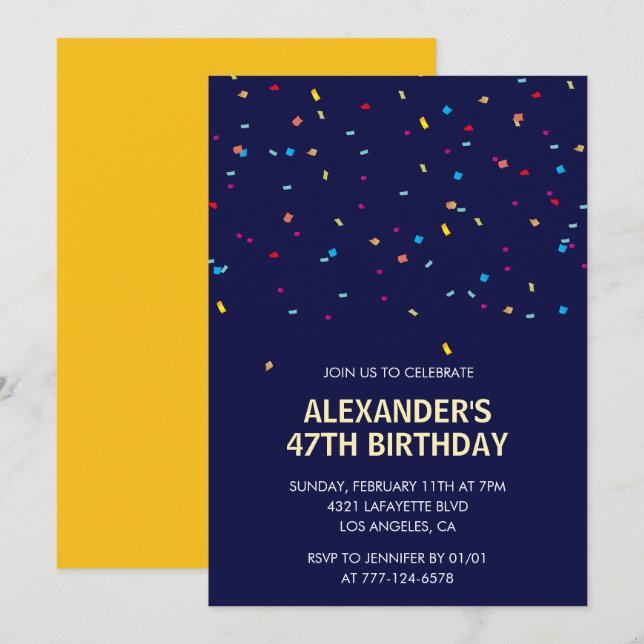 Modern Confetti Navy blue Men 47th birthday Invitation (Front/Back)