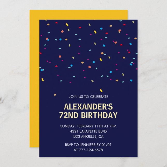 Modern Confetti Navy blue Men 72nd birthday Invitation (Front/Back)