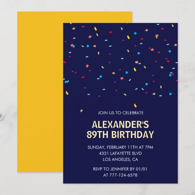 Modern Confetti Navy blue Men 89th birthday Invitation (Front/Back)