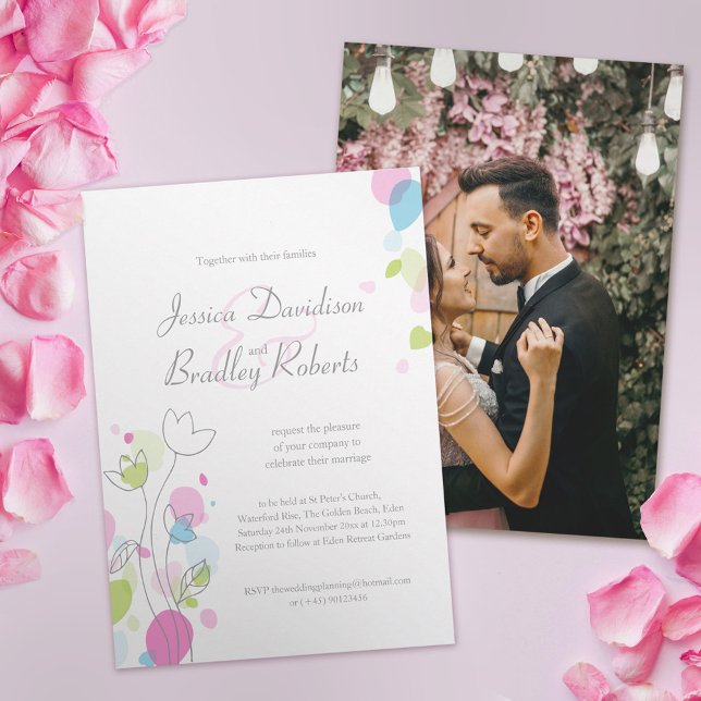 Modern confetti petals pink photo wedding invitation (Creator Uploaded)
