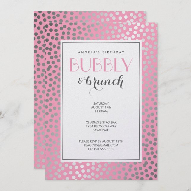 Modern Confetti Polka Dots Pastel Pink and Silver Invitation (Front/Back)