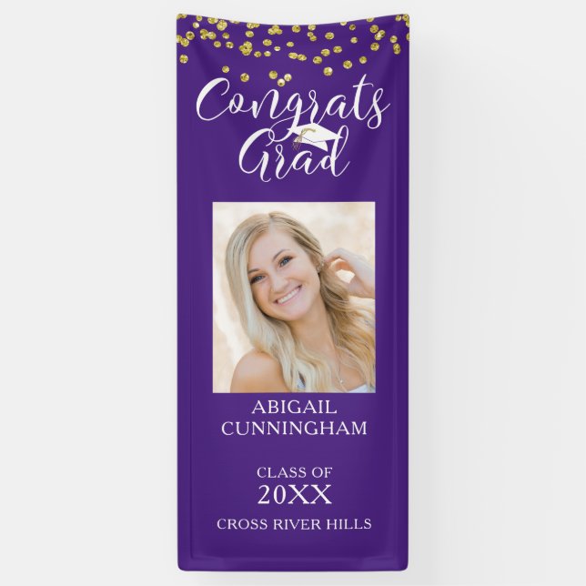 Modern Confetti Script CONGRATS GRAD Photo Purple Banner (Vertical)