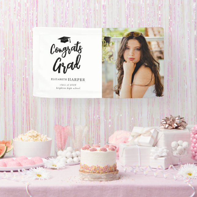Modern Congrats Grad Brush Script Photo Graduation Banner (Party)